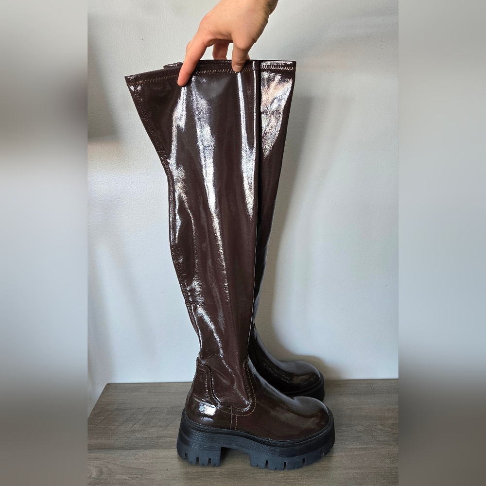 Call It Spring Brown Vegan Leather Chunky Thigh High Boots